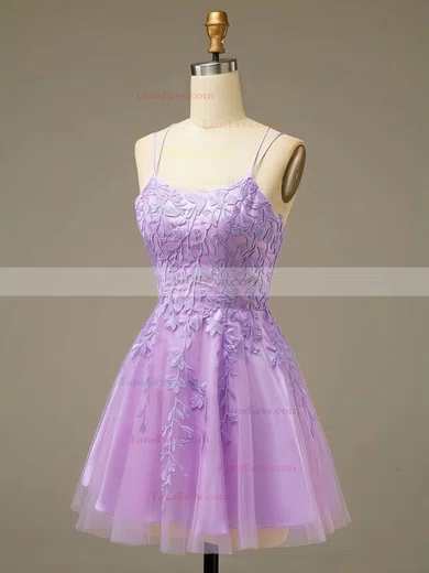 A-line Scoop Neck Tulle Lace Short/Mini Homecoming Dresses With Appliques Lace #Favs020110593