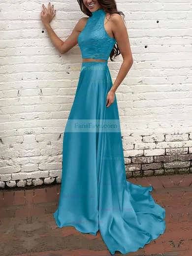 A-line High Neck Silk-like Satin Sweep Train Beading Prom Dresses #Favs020104449