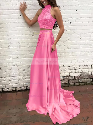 A-line High Neck Silk-like Satin Sweep Train Beading Prom Dresses #Favs020104449