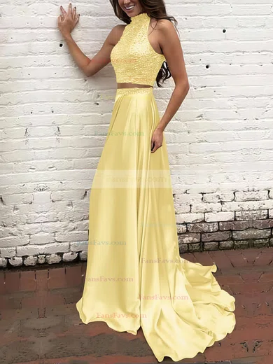 A-line High Neck Silk-like Satin Sweep Train Beading Prom Dresses #Favs020104449