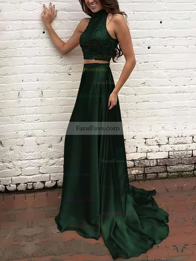 A-line High Neck Silk-like Satin Sweep Train Beading Prom Dresses #Favs020104449