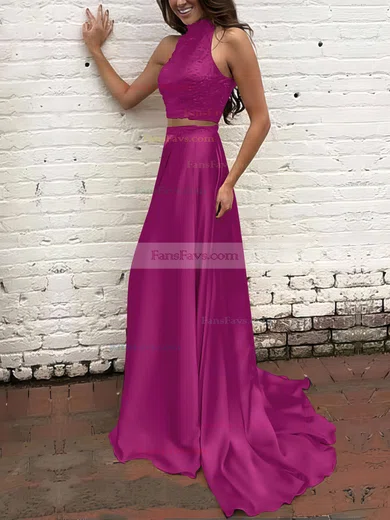 A-line High Neck Silk-like Satin Sweep Train Beading Prom Dresses #Favs020104449