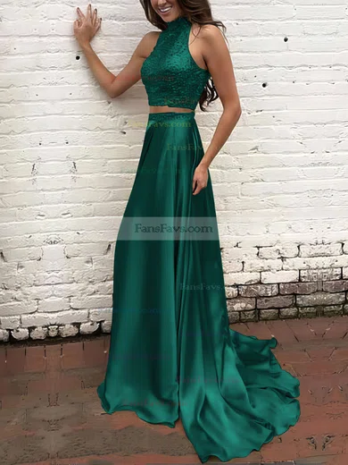A-line High Neck Silk-like Satin Sweep Train Beading Prom Dresses #Favs020104449