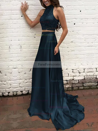 A-line High Neck Silk-like Satin Sweep Train Beading Prom Dresses #Favs020104449