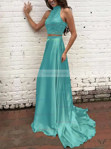 A-line High Neck Silk-like Satin Sweep Train Beading Prom Dresses #Favs020104449