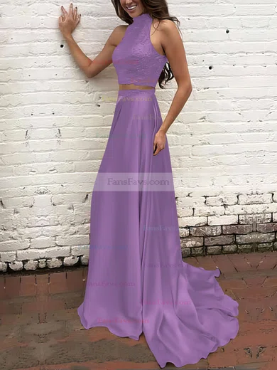 A-line High Neck Silk-like Satin Sweep Train Beading Prom Dresses #Favs020104449