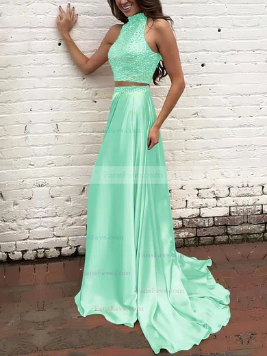 A-line High Neck Silk-like Satin Sweep Train Beading Prom Dresses #Favs020104449