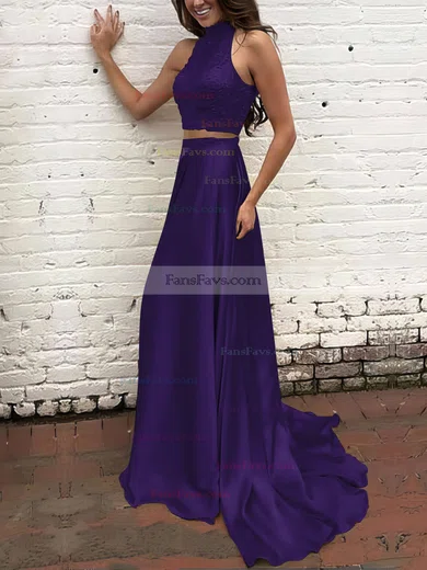 A-line High Neck Silk-like Satin Sweep Train Beading Prom Dresses #Favs020104449
