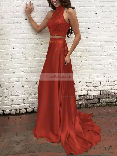 A-line High Neck Silk-like Satin Sweep Train Beading Prom Dresses #Favs020104449
