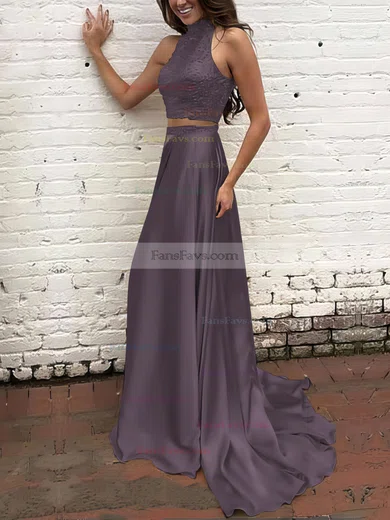 A-line High Neck Silk-like Satin Sweep Train Beading Prom Dresses #Favs020104449