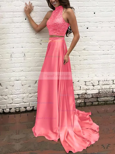 A-line High Neck Silk-like Satin Sweep Train Beading Prom Dresses #Favs020104449