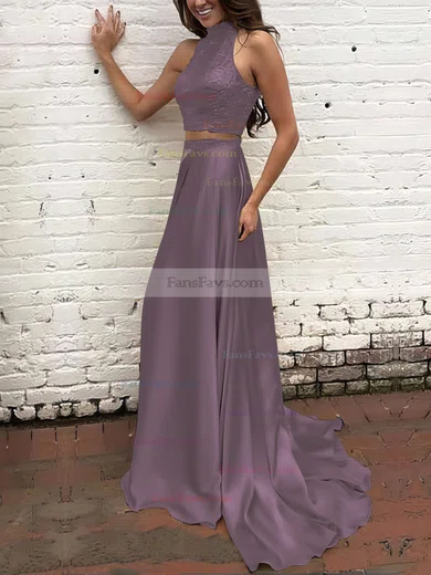 A-line High Neck Silk-like Satin Sweep Train Beading Prom Dresses #Favs020104449