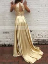 A-line High Neck Silk-like Satin Sweep Train Beading Prom Dresses #Favs020104449