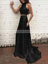 A-line High Neck Silk-like Satin Sweep Train Beading Prom Dresses #Favs020104449
