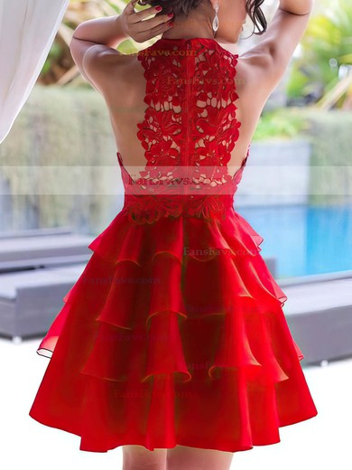 A-line Scoop Neck Lace Chiffon Short/Mini Tiered Red New Style Short Prom Dresses #Favs020102822