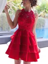 A-line Scoop Neck Lace Chiffon Short/Mini Tiered Red New Style Short Prom Dresses #Favs020102822