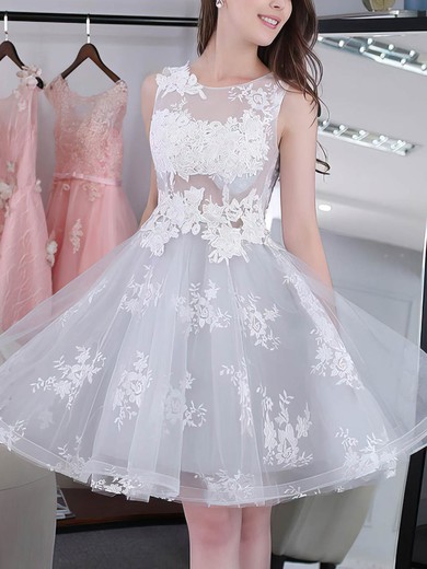 A-line Scoop Neck Tulle Knee-length Appliques Lace Sweet Prom Dresses #Favs020102858