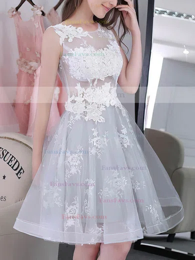 A-line Scoop Neck Tulle Knee-length Appliques Lace Sweet Short Prom Dresses #Favs020102858