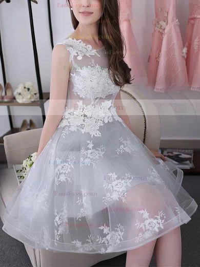 A-line Scoop Neck Tulle Knee-length Appliques Lace Sweet Short Prom Dresses #Favs020102858