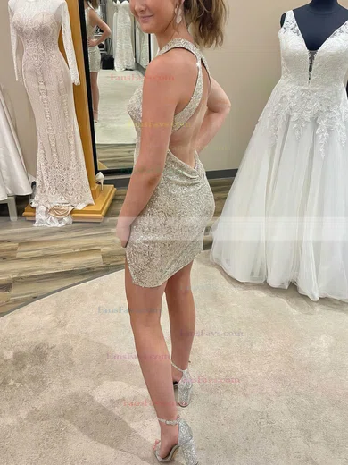 Sheath/Column Scoop Neck Sequined Short/Mini Homecoming Dresses With Split Front #Favs020110646