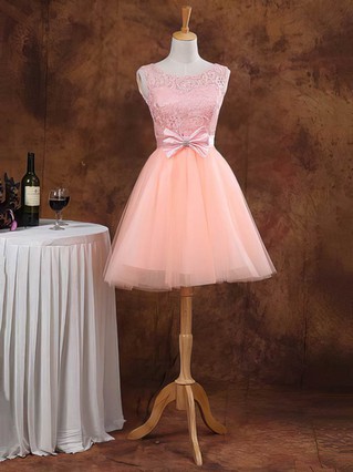 Ball Gown Scoop Neck Lace Tulle Elastic Woven Satin Short/Mini Bow Short Prom Dresses #Favs02017611
