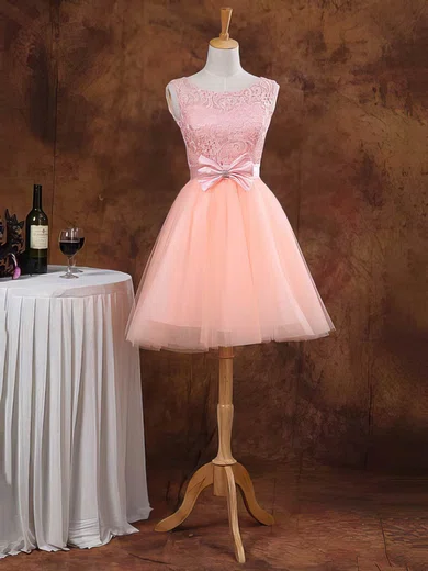 Ball Gown Scoop Neck Lace Tulle Elastic Woven Satin Short/Mini Bow Short Prom Dresses #Favs02017611