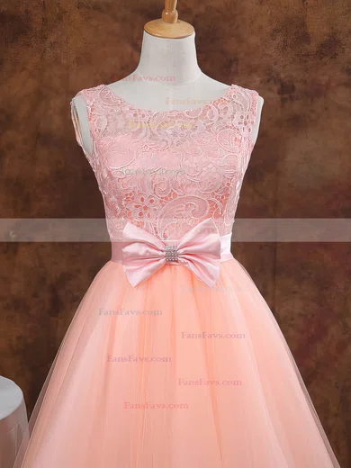 Ball Gown Scoop Neck Lace Tulle Elastic Woven Satin Short/Mini Bow Short Prom Dresses #Favs02017611