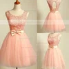 Ball Gown Scoop Neck Lace Tulle Elastic Woven Satin Short/Mini Bow Short Prom Dresses #Favs02017611