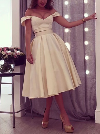 Ball Gown Off-the-shoulder Satin Tea-length Short Prom Dresses #Favs020103042