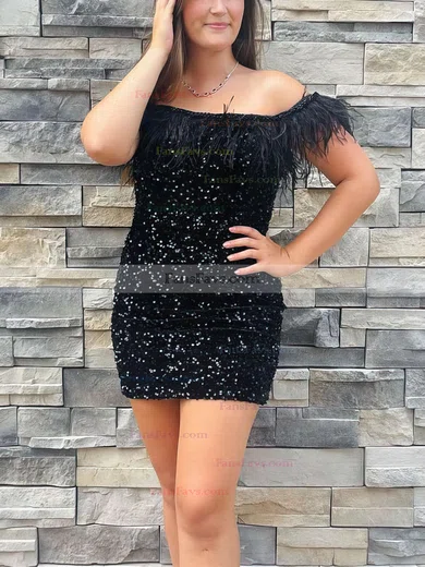 Sheath/Column Off-the-shoulder Sequined Short/Mini Homecoming Dresses With Feathers / Fur #Favs020110688