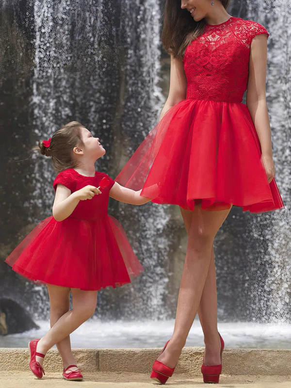 New Short/Mini Red Tulle Lace Ruffles Scoop Neck Short Prom Dresses #Favs02018746