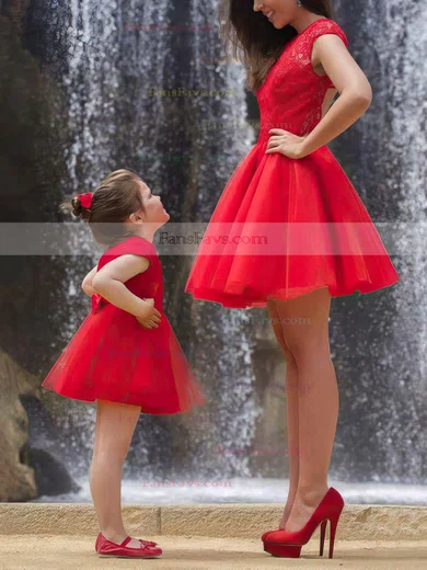 New Short/Mini Red Tulle Lace Ruffles Scoop Neck Short Prom Dresses #Favs02018746