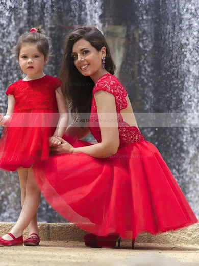 New Short/Mini Red Tulle Lace Ruffles Scoop Neck Short Prom Dresses #Favs02018746