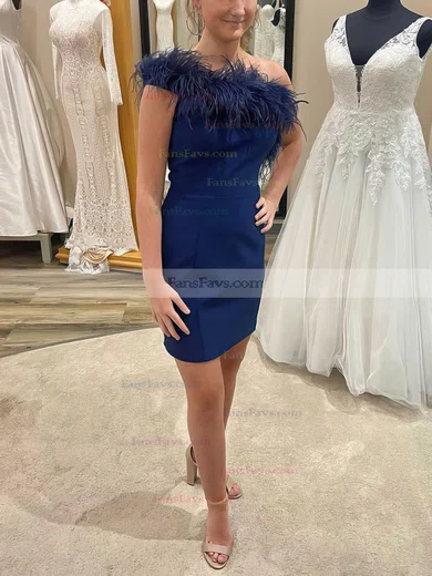 Sheath/Column One Shoulder Stretch Crepe Short/Mini Homecoming Dresses With Feathers / Fur #Favs020110700