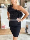 Sheath/Column One Shoulder Stretch Crepe Short/Mini Homecoming Dresses With Feathers / Fur #Favs020110700