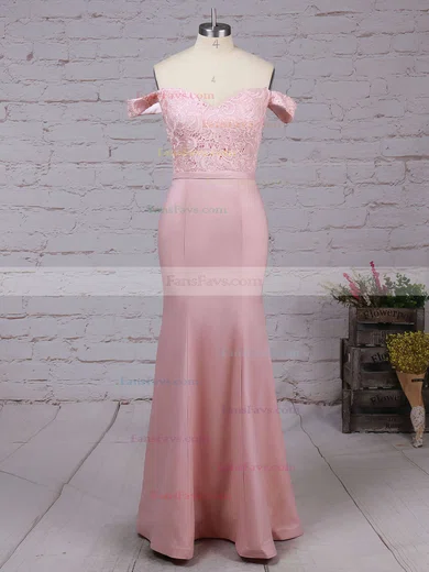 Trumpet/Mermaid Off-the-shoulder Lace Silk-like Satin Floor-length Sashes / Ribbons Prom Dresses #Favs020104503