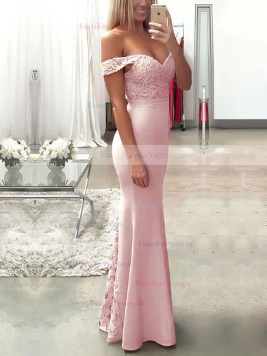 Trumpet/Mermaid Off-the-shoulder Lace Silk-like Satin Floor-length Sashes / Ribbons Prom Dresses #Favs020104503