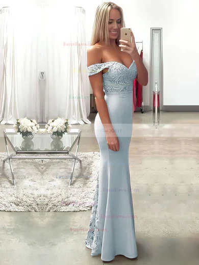 Trumpet/Mermaid Off-the-shoulder Lace Silk-like Satin Floor-length Sashes / Ribbons Prom Dresses #Favs020104503