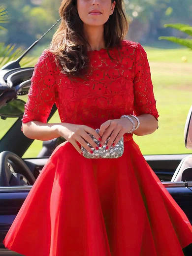 Scoop Neck Best Short/Mini Red Lace Chiffon 1/2 Sleeve Short Prom Dresses #Favs02051719