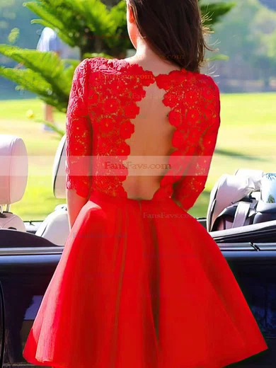 Scoop Neck Best Short/Mini Red Lace Chiffon 1/2 Sleeve Short Prom Dresses #Favs02051719