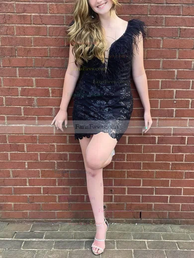 Sheath/Column V-neck Sequined Short/Mini Homecoming Dresses With Feathers / Fur #Favs020110730