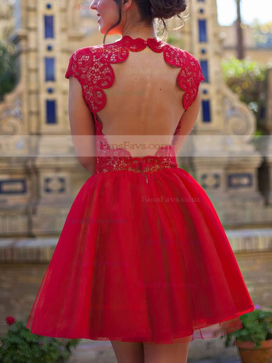 Casual Red Lace Tulle Scoop Neck Short/Mini Cap Straps Short Prom Dresses #Favs02019873