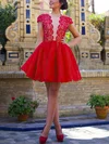 Casual Red Lace Tulle Scoop Neck Short/Mini Cap Straps Short Prom Dresses #Favs02019873