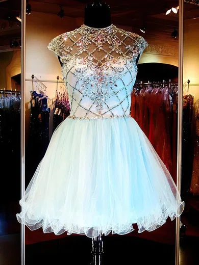 Short/Mini Light Sky Blue Open Back Tulle Beading Scoop Neck Short Prom Dresses #Favs020101145