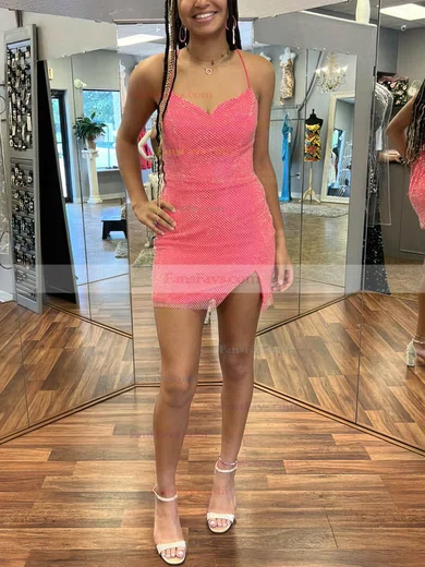 Sheath/Column V-neck Glitter Short/Mini Homecoming Dresses With Split Front #Favs020110749