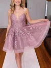 A-line V-neck Tulle Short/Mini Homecoming Dresses With Lace #Favs020110781