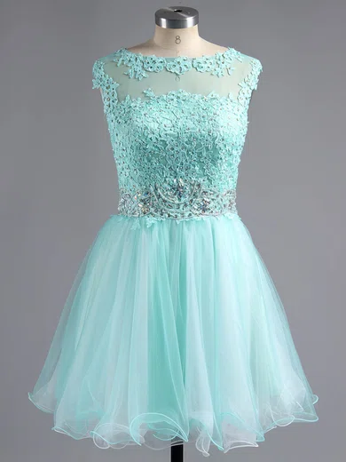 A-line Scoop Neck Tulle Short/Mini Beading Short Prom Dresses #Favs02042343