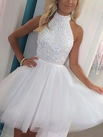 A-line High Neck Tulle Short/Mini Sashes / Ribbons Short Prom Dresses #Favs020102515