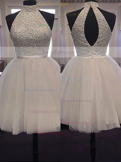 A-line High Neck Tulle Short/Mini Sashes / Ribbons Short Prom Dresses #Favs020102515