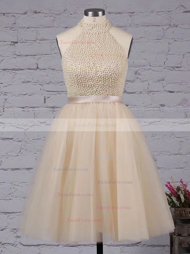 A-line High Neck Tulle Short/Mini Sashes / Ribbons Short Prom Dresses #Favs020102515